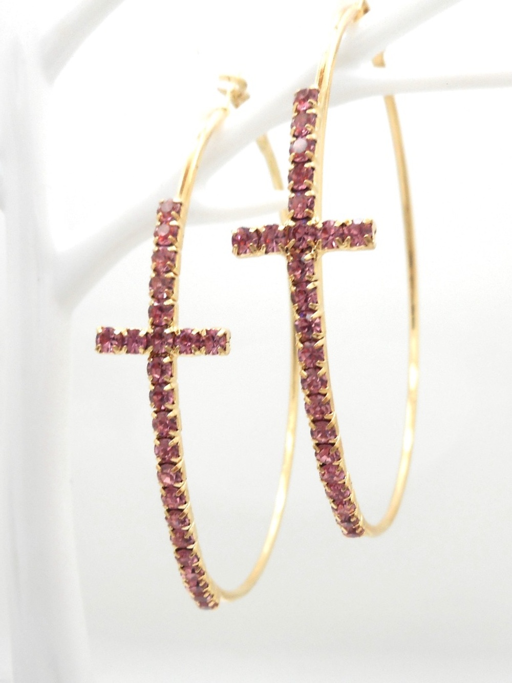 Pink Mauve Crystal Cross Hoops 3 " Hoop Earrings